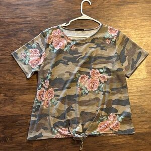 HEIMISH USA Pink Rose Camo Tie-Front Short Sleeve Top